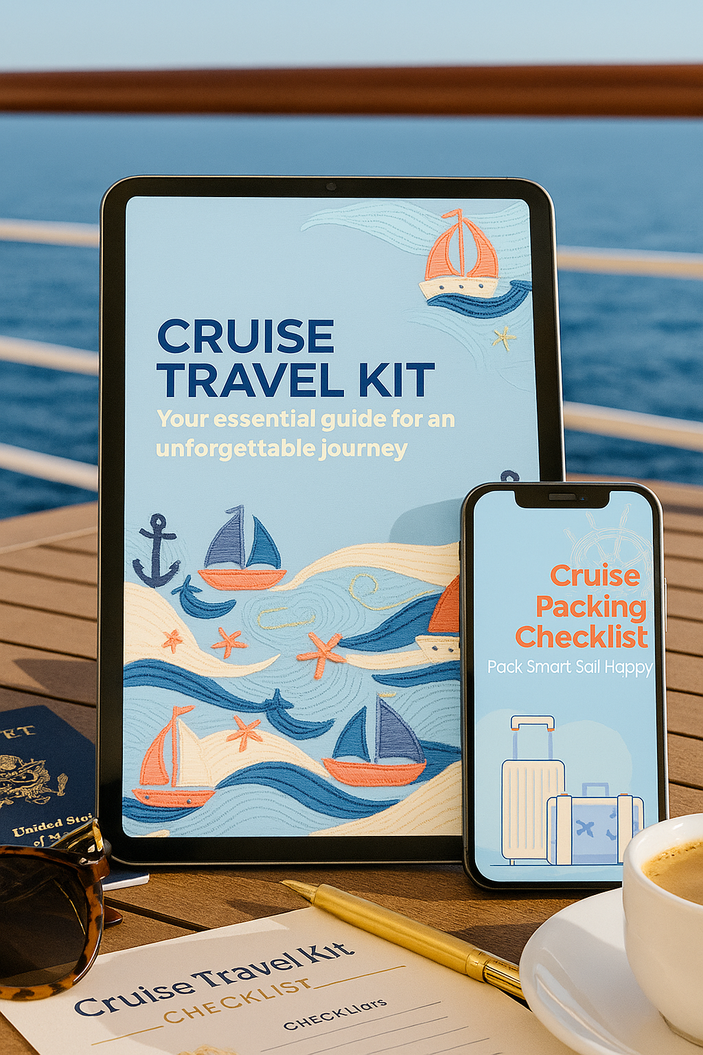 Cruise Travel Kit digital planner displayed on iPad and phone beside sunglasses and passport on cruise ship balcony